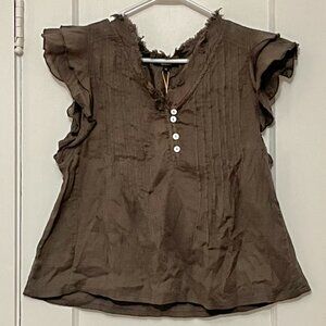 Quince organic textured cotton ruffle short sleeve blouse charcol medium NWT